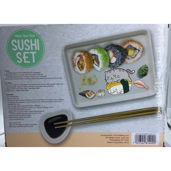 Kawaii Cute Cat Make Your Own Sushi Set Plate Soy Sauce Dish Chopsticks Server - Picture 2 of 5